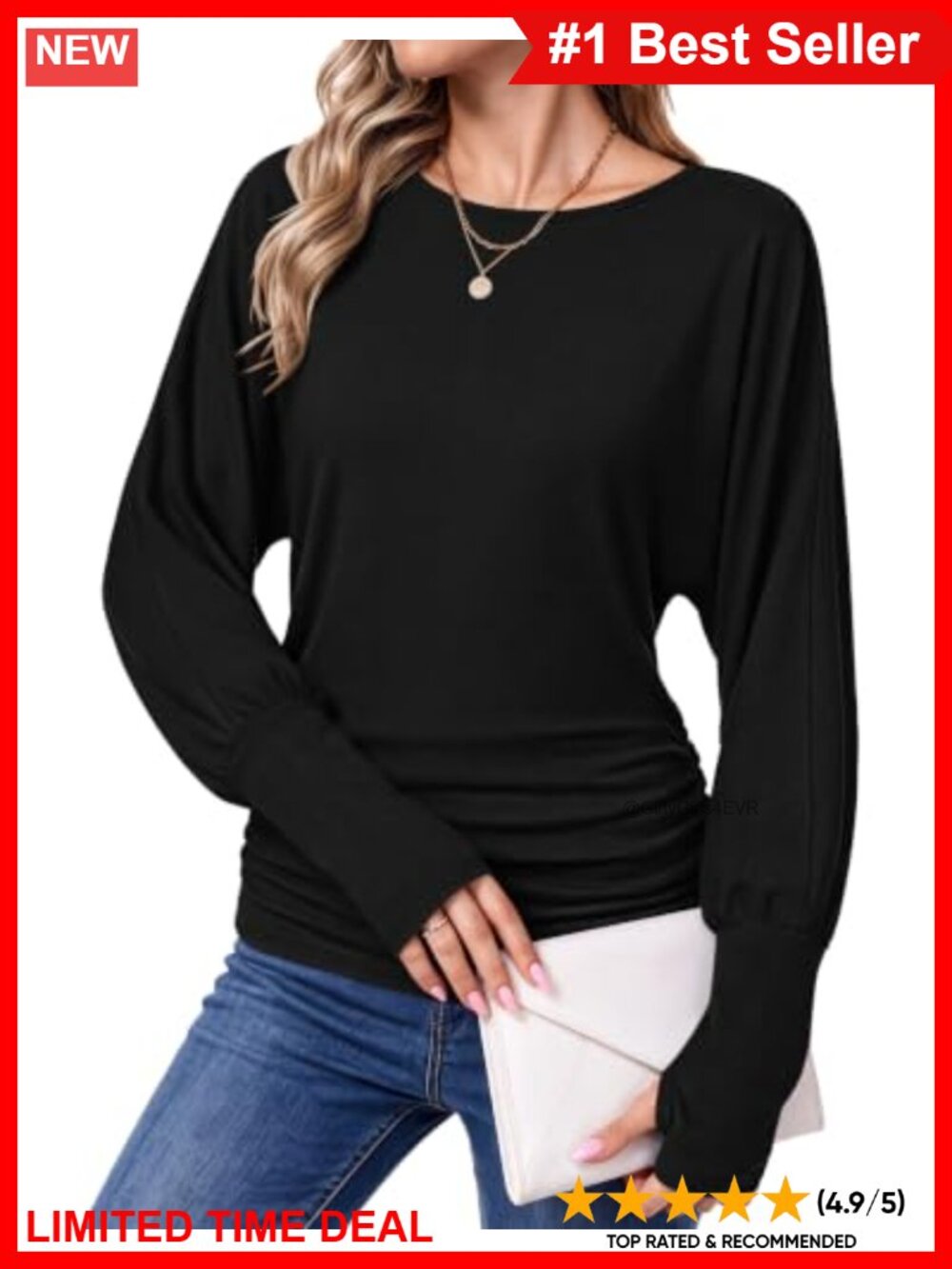 Dolman Long Sleeve Top Ruched Hem Thumb Holes Blouson Pullover